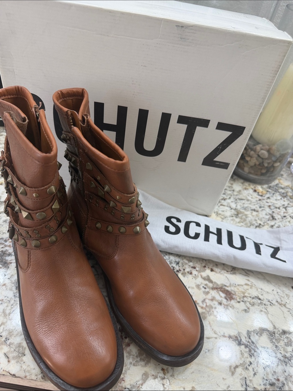 SCHUTZ Cognac Leather Studded Strap Ankle Boots